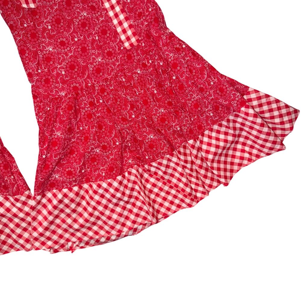 Red Patterned Ruffled Crop Pants with Gingham Trim - Picture 6 of 8